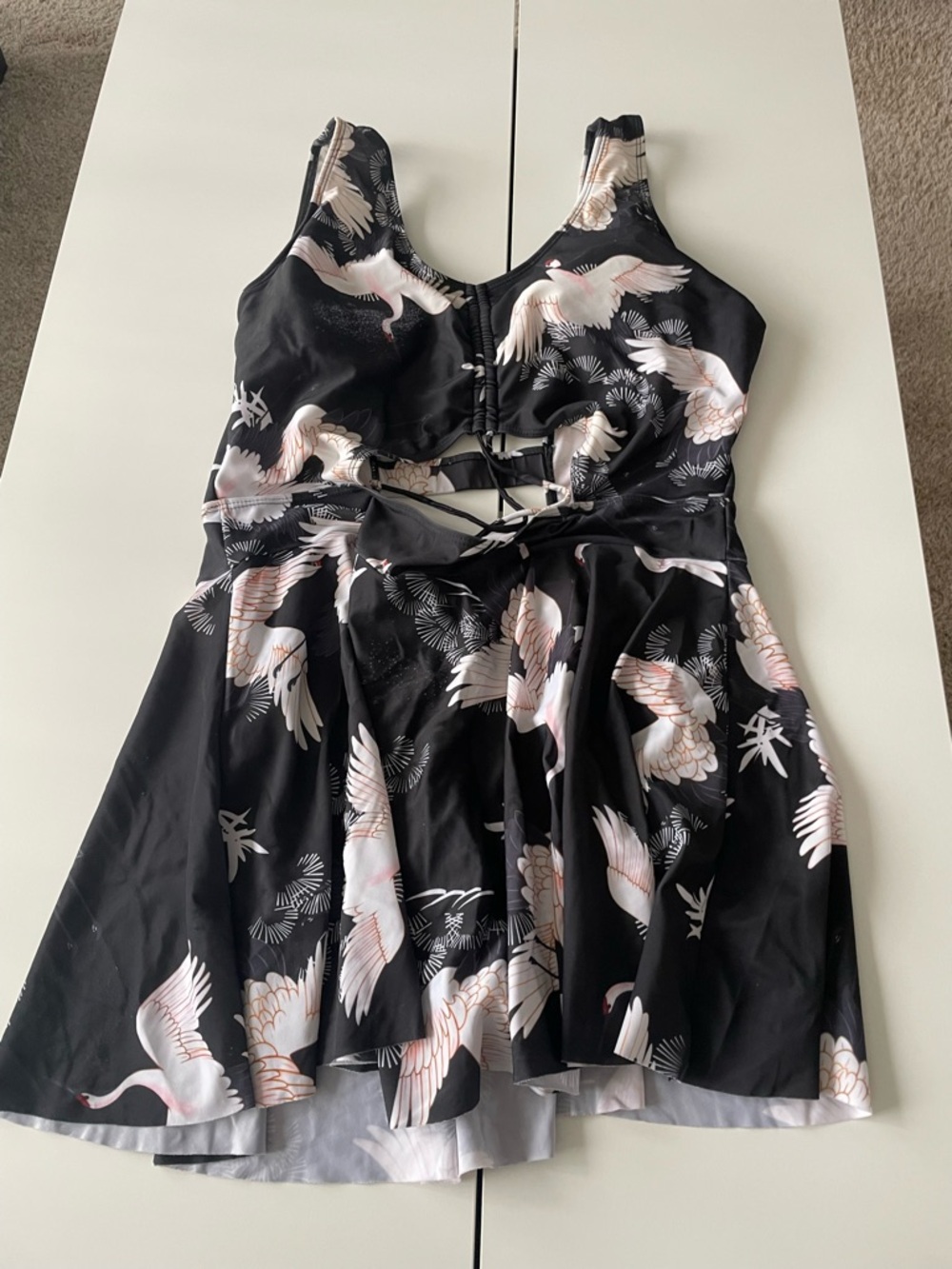 Amazon Women's Black One-Piece Swimdress with White and Pink Crane Print